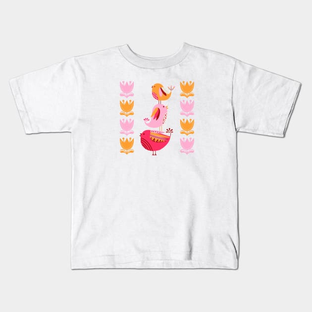 Happy Pink And Orange Birds And Blooms Kids T-Shirt by LittleBunnySunshine